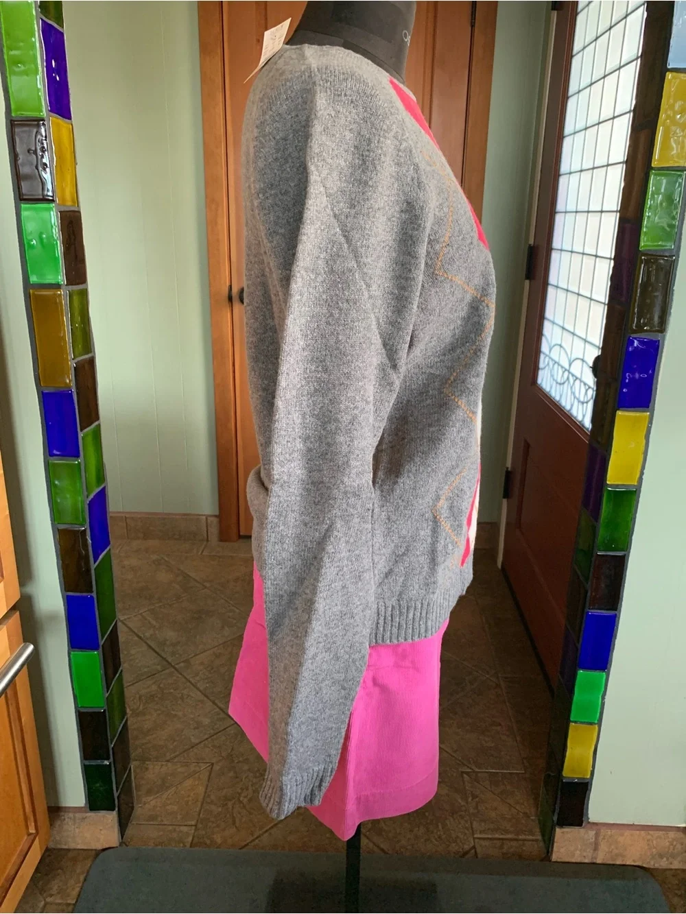 J CREW 100% LAMBS WOOL ARGYLE PULLOVER SWEATER NWT XL Women's Gray  Pink Diamond